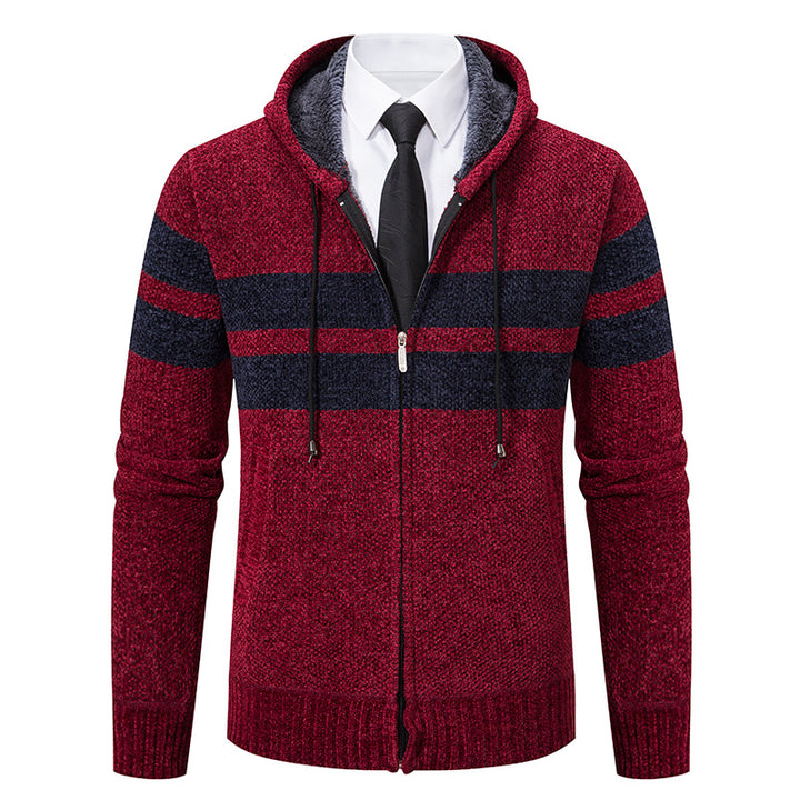 Herren nan gestrickte Kapuzenjacke mit Teddyfutter, verdecktem Reißverschluss und kontrastreifen Drune