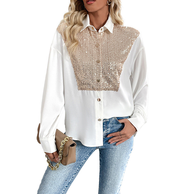 Damen elegante Bluse mit funkelnden Pailletten und klassischem Kragen Drune