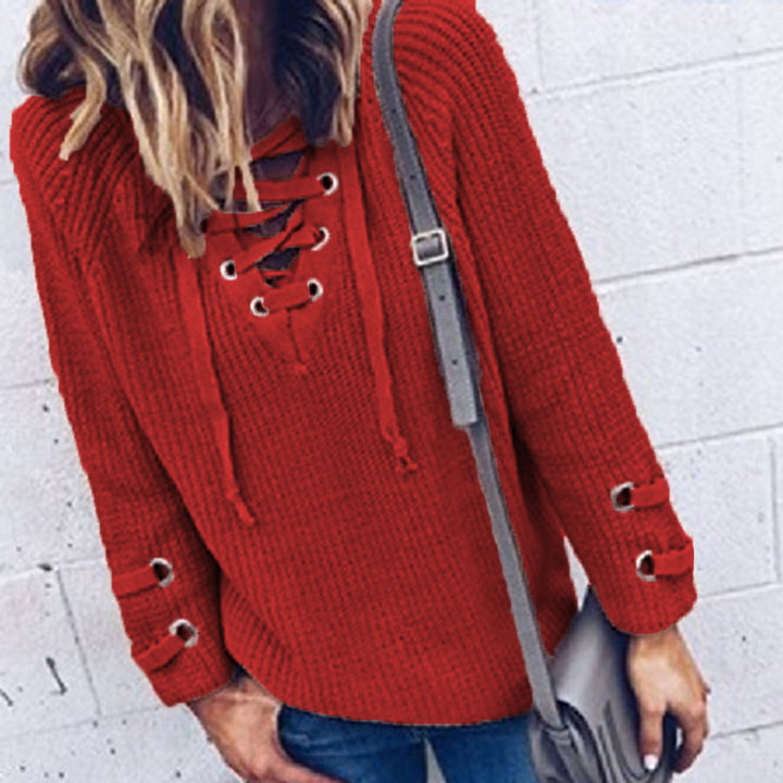 Damen Lässiger Strickpullover mit dekorativem Schnürdesign und weiten Ärmeln Drune