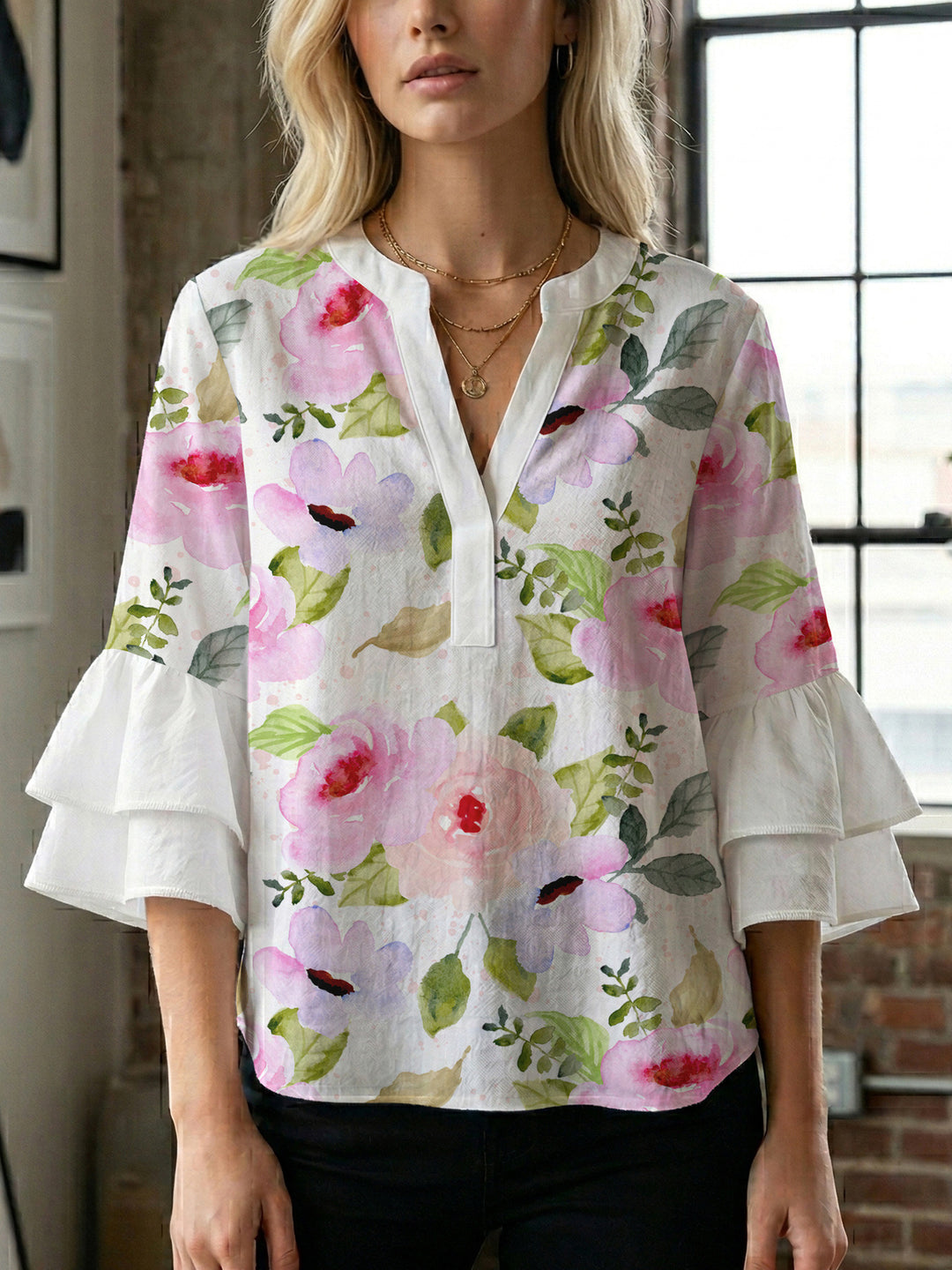 Damen elegantes Blusenshirt mit voluminösen Rüsenärmeln und grafischem Blumendesign Drune