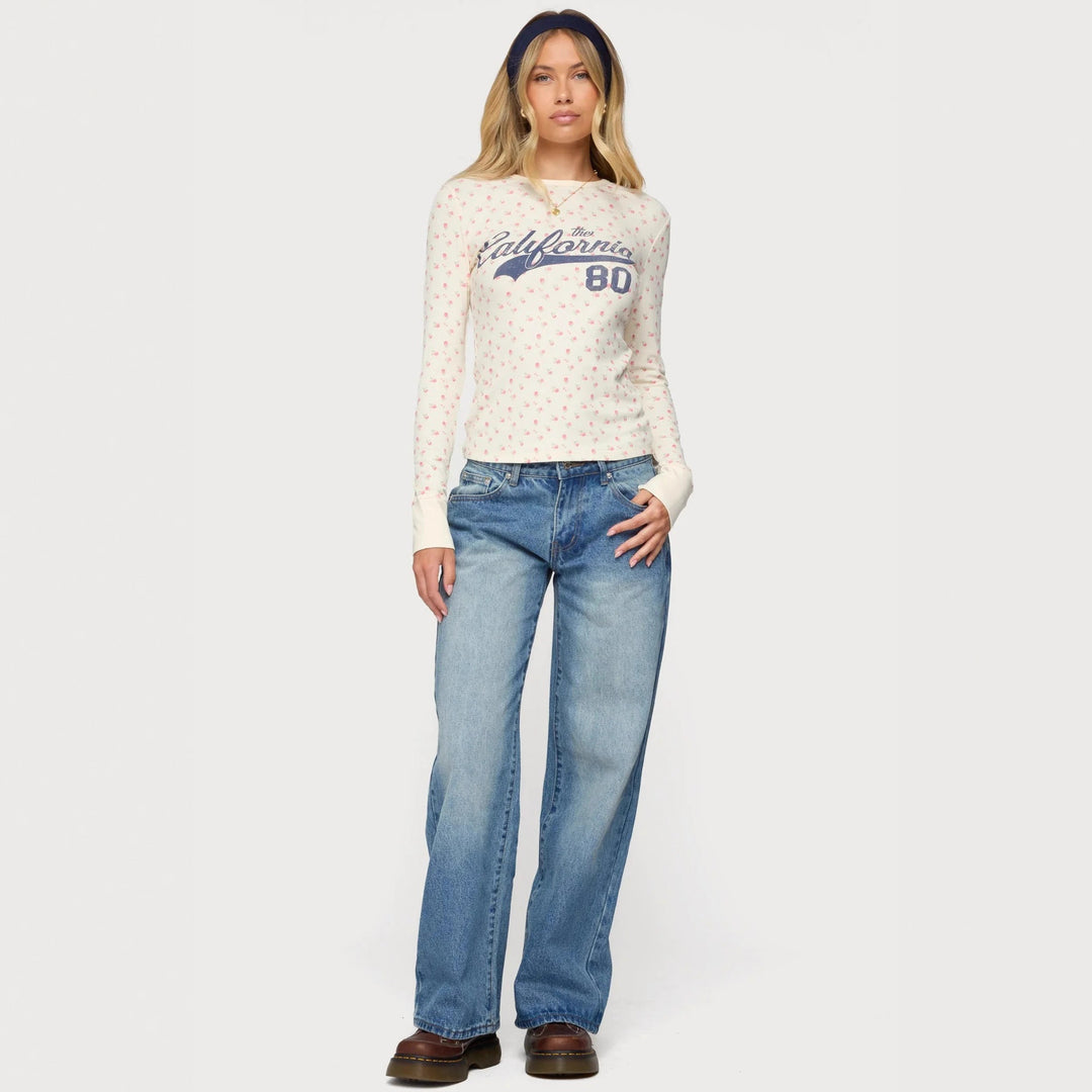 Damen Langarmshirt mit floralem Muster und sportlichem Print Drune