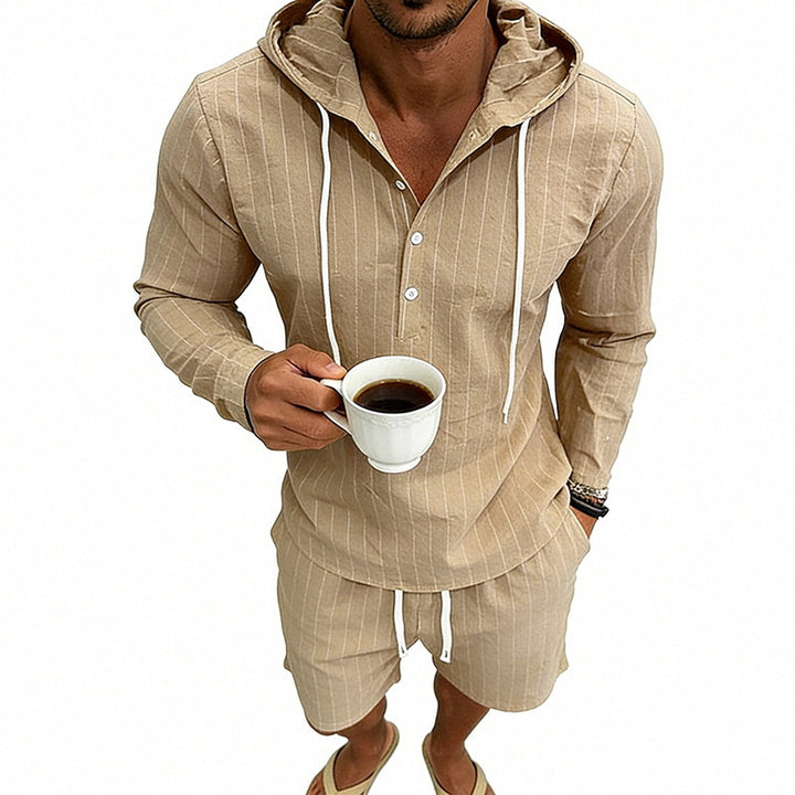 Herren nan gestreiftes Leinenoptik-Kapuzen-Henley-Set mit Tunnelzug-Shorts Drune
