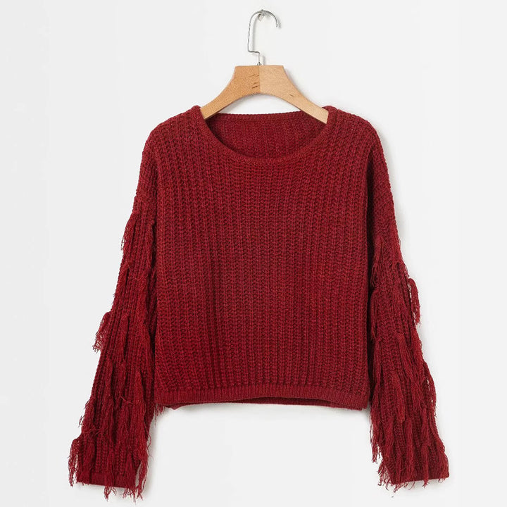 Damen Grobstrickpullover mit fransigen Ärmeln Drune