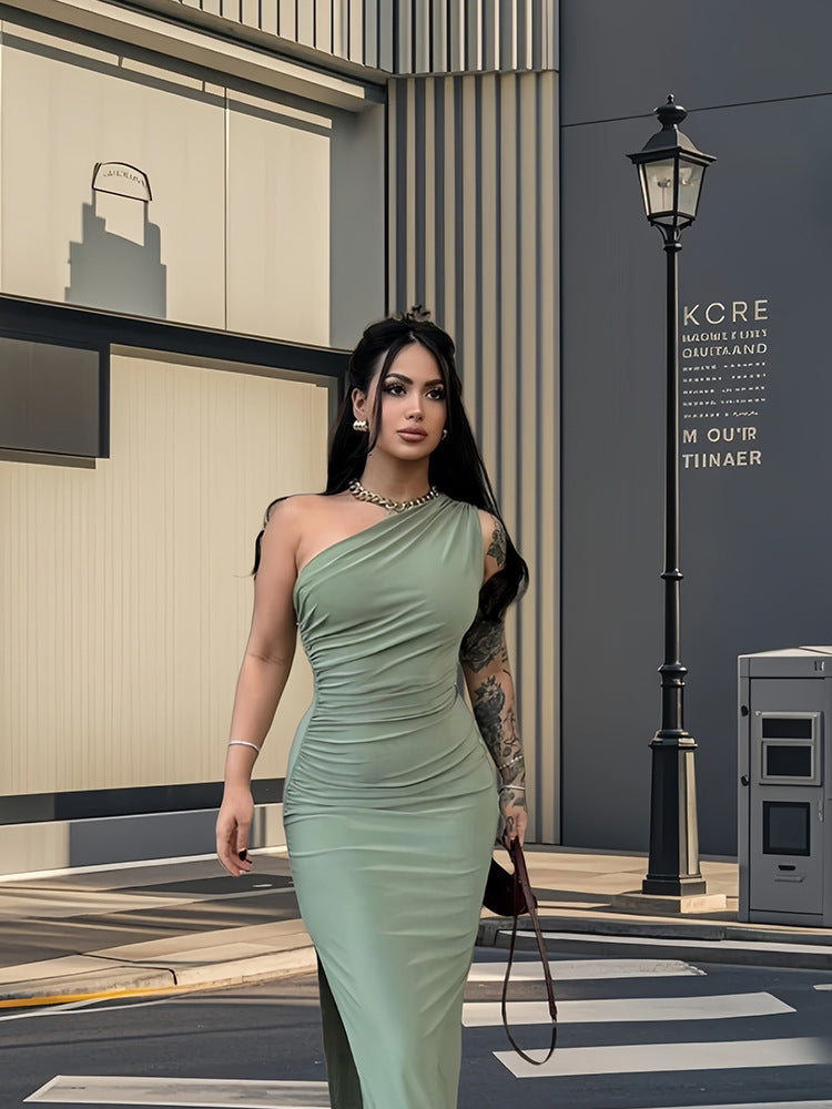 Damen Elegantes One-Shoulder-Maxikleid mit figurbetontem Schnitt und seitlichem Schlitz Drune