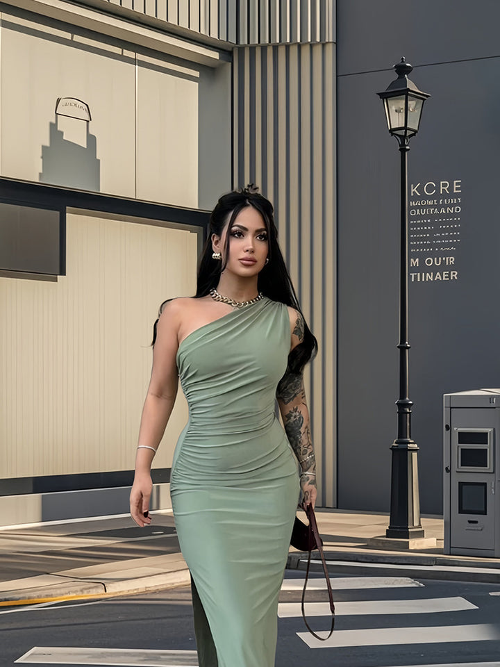 Damen Elegantes One-Shoulder-Maxikleid mit figurbetontem Schnitt und seitlichem Schlitz Drune