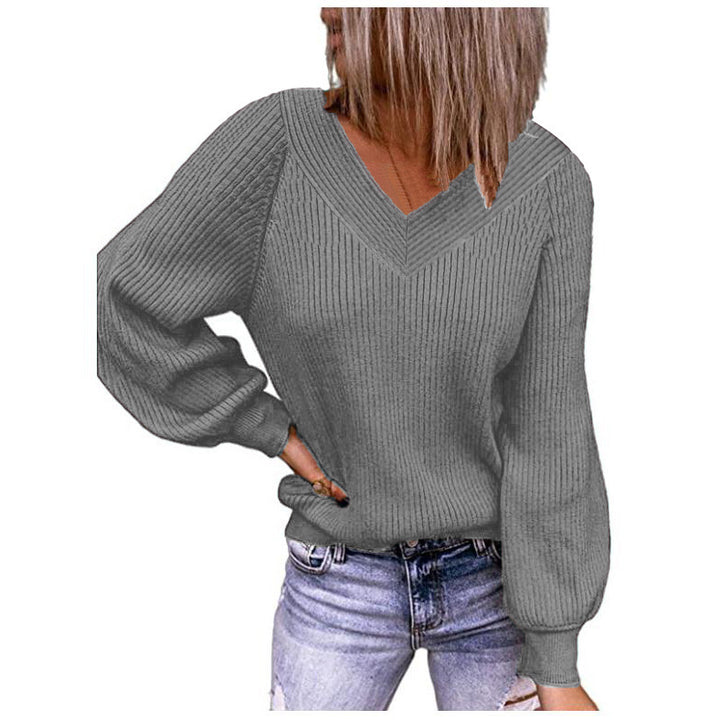 Damen Strickpullover mit V-Ausschnitt und Ballonärmeln Drune