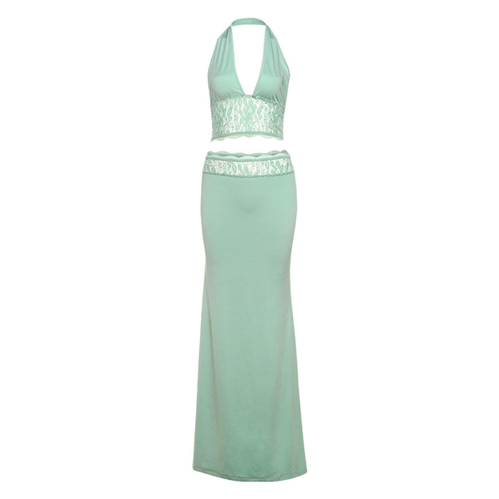 Damen Langer Sommerrock mit tiefem V-Ausschnitt und eleganter Spitzenapplikation Drune