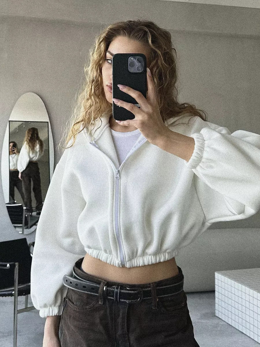 Damen cropped Kapuzenpullover mit voluminösen Ärmeln Drune