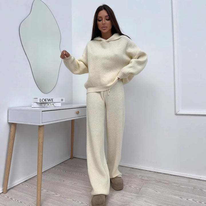 Damen modisches Strick-Loungewear-Set mit oversized Pullover und weitem Hosenstil Drune