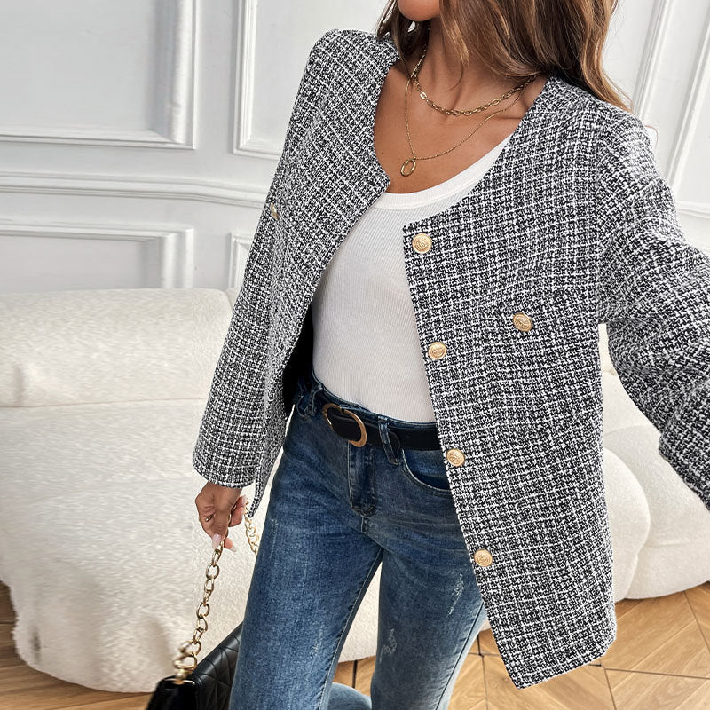 Damen elegante Bouclé-Jacke mit goldenen Knopfdetails Drune