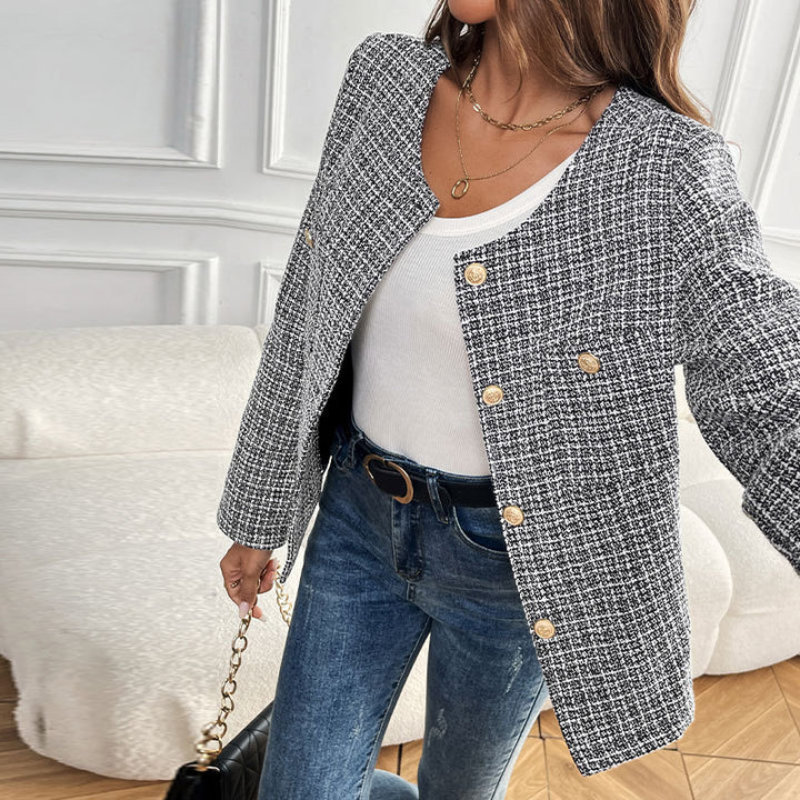 Damen elegante Bouclé-Jacke mit goldenen Knopfdetails Drune