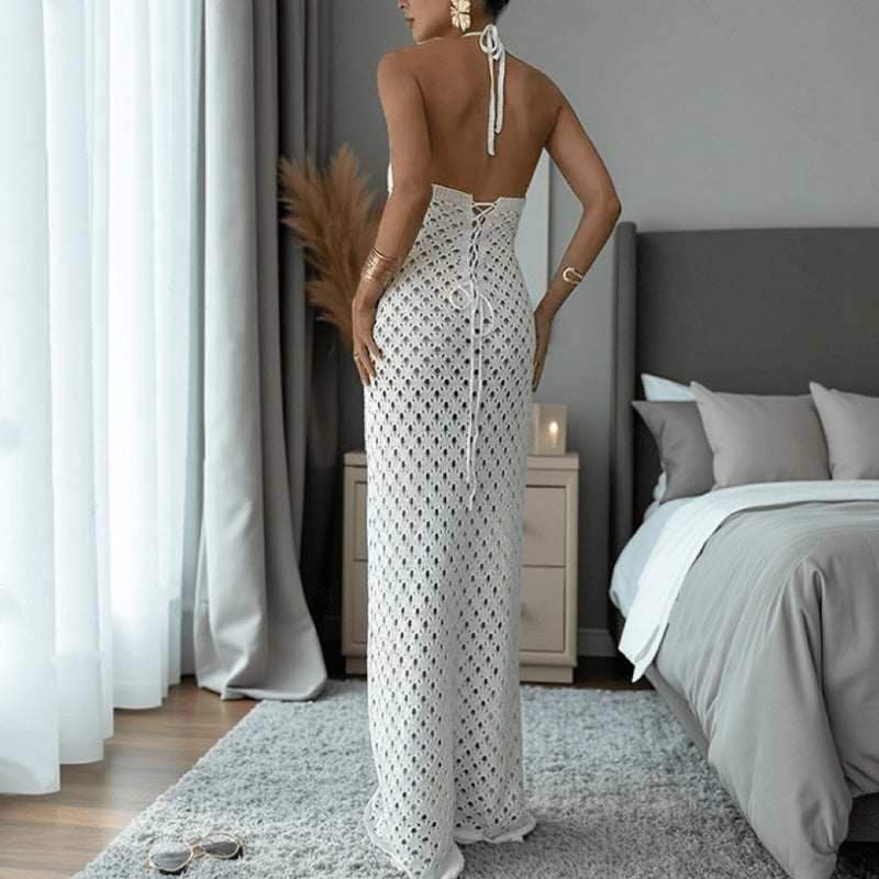 Damen Häkel-Maxi-Kleid mit innovativem Ausschnitt und seitlichen Cut-Outs Drune