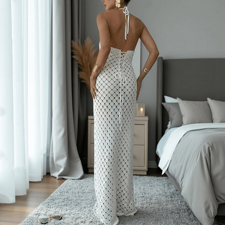 Damen Häkel-Maxi-Kleid mit innovativem Ausschnitt und seitlichen Cut-Outs Drune