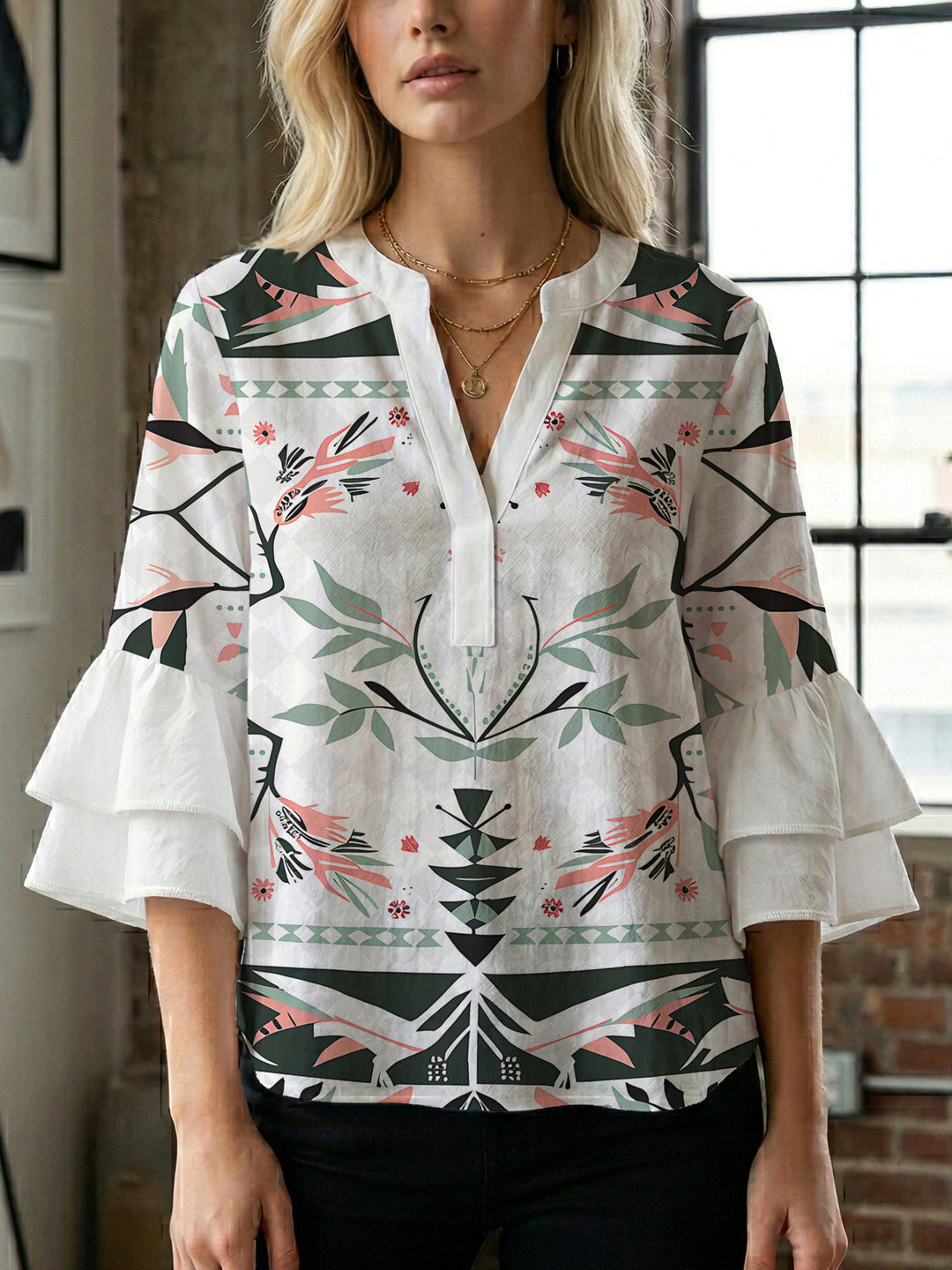 Damen lässige Bluse mit Volantärmeln und botanischem Druck Drune
