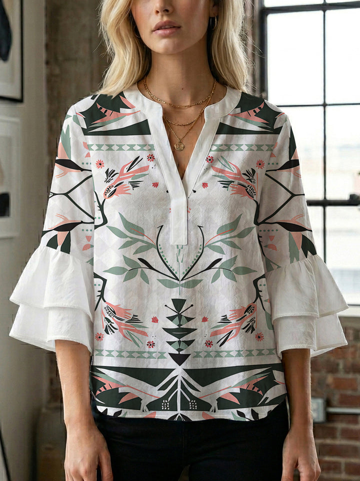 Damen lässige Bluse mit Volantärmeln und botanischem Druck Drune