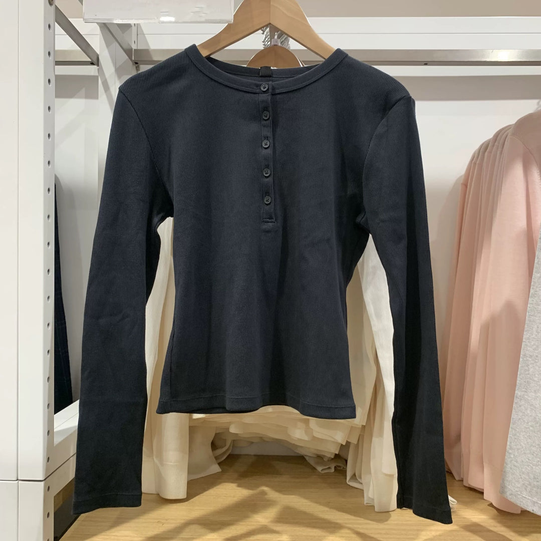 Damen Langarm-Henley-Shirt aus feiner Baumwollmischung Drune
