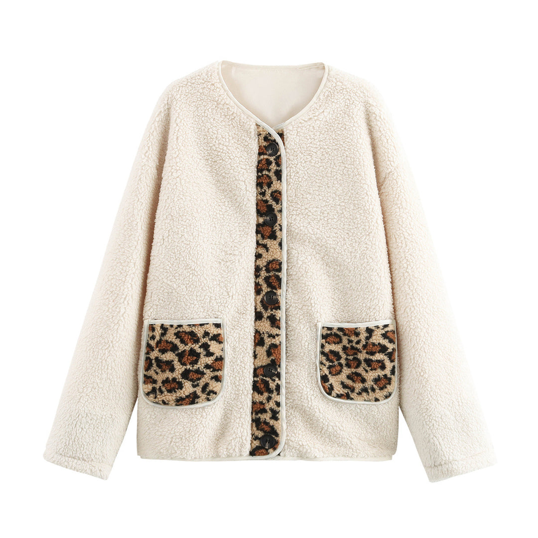 Damen kuschelige Teddyjacke mit tierischem Muster und praktischen Pattentaschen Drune