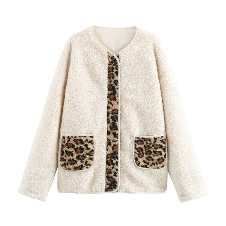 Damen kuschelige Teddyjacke mit tierischem Muster und praktischen Pattentaschen Drune