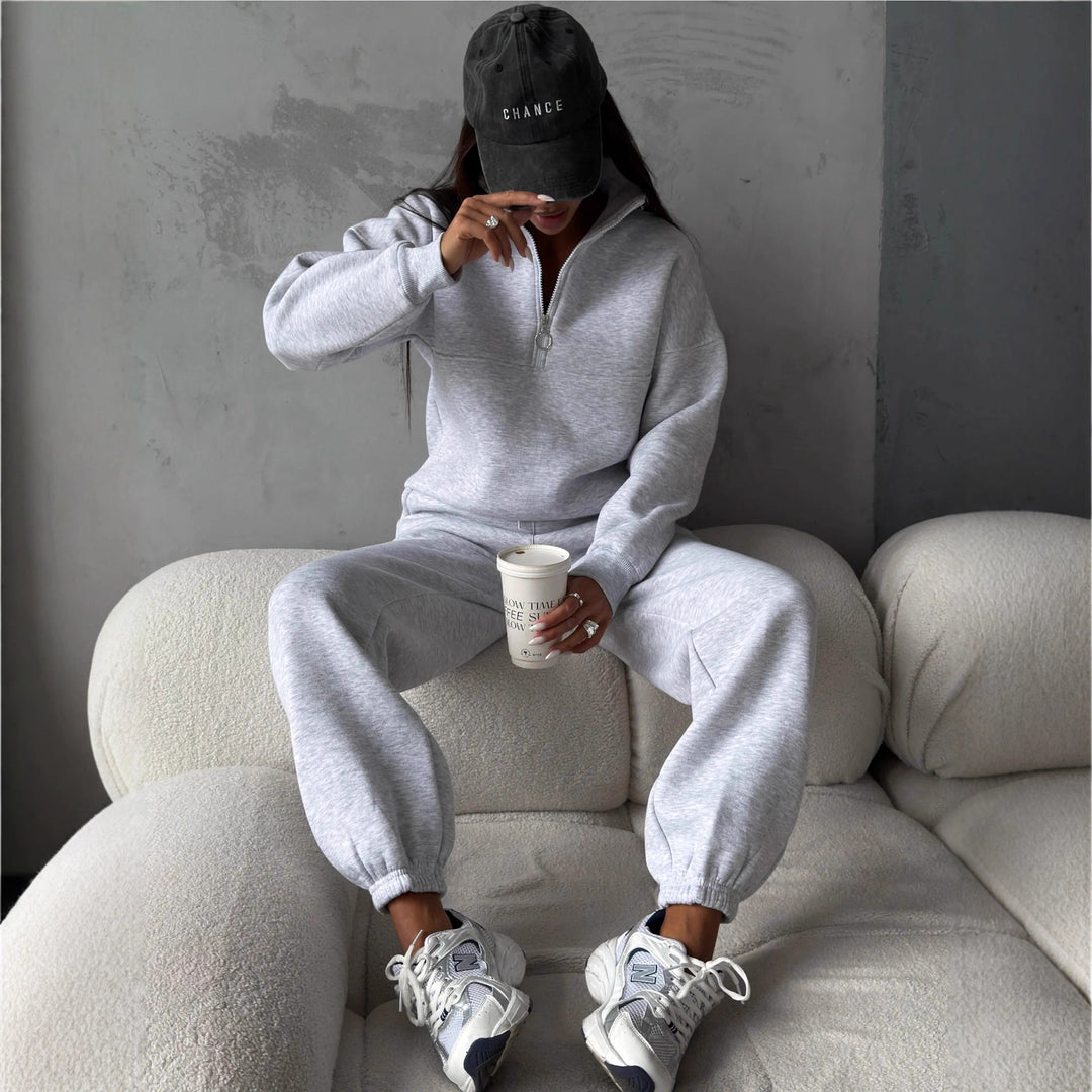 Damen modernes Freizeit-Loungewear-Set mit halbem Reißverschluss und elastischen Bündchen Drune