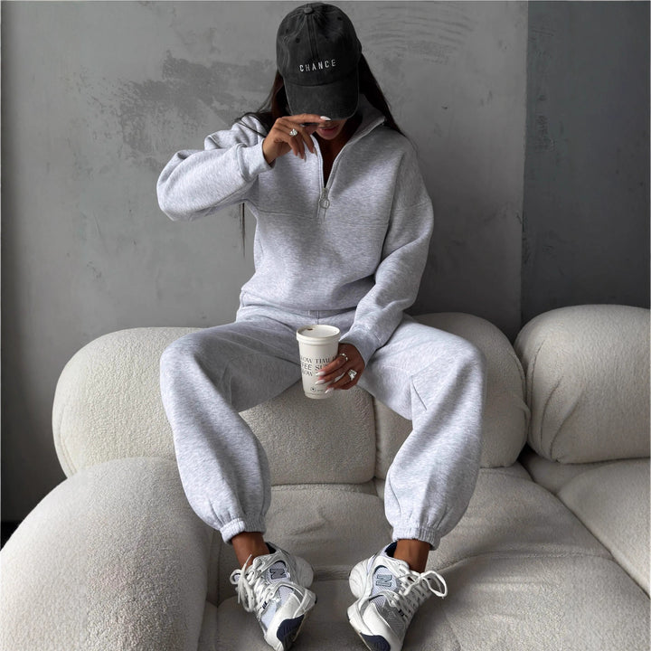 Damen modernes Freizeit-Loungewear-Set mit halbem Reißverschluss und elastischen Bündchen Drune