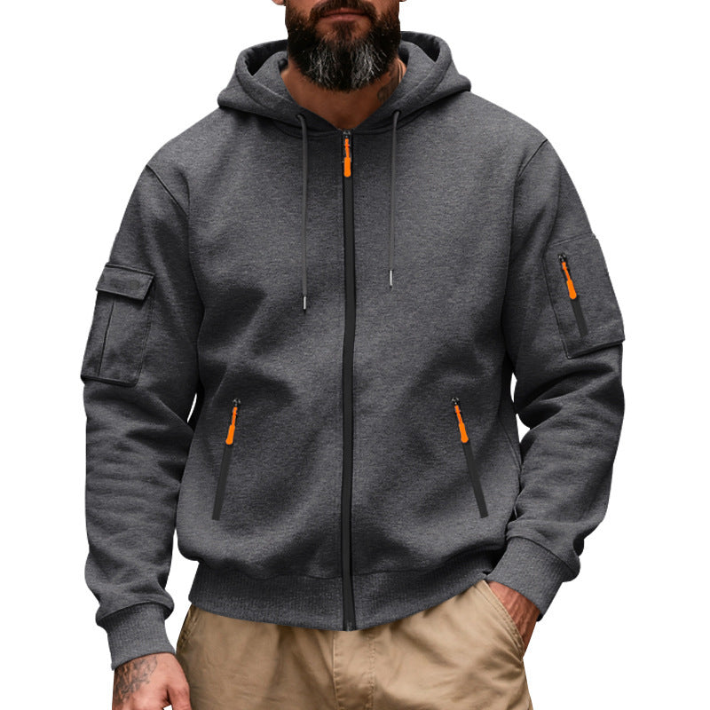 Herren nan Utility-Kapuzenjacke mit durchgehendem Reißverschluss, Arm-Cargo-Taschen und elastischen Bündchen Drune