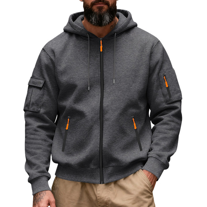 Herren nan Utility-Kapuzenjacke mit durchgehendem Reißverschluss, Arm-Cargo-Taschen und elastischen Bündchen Drune