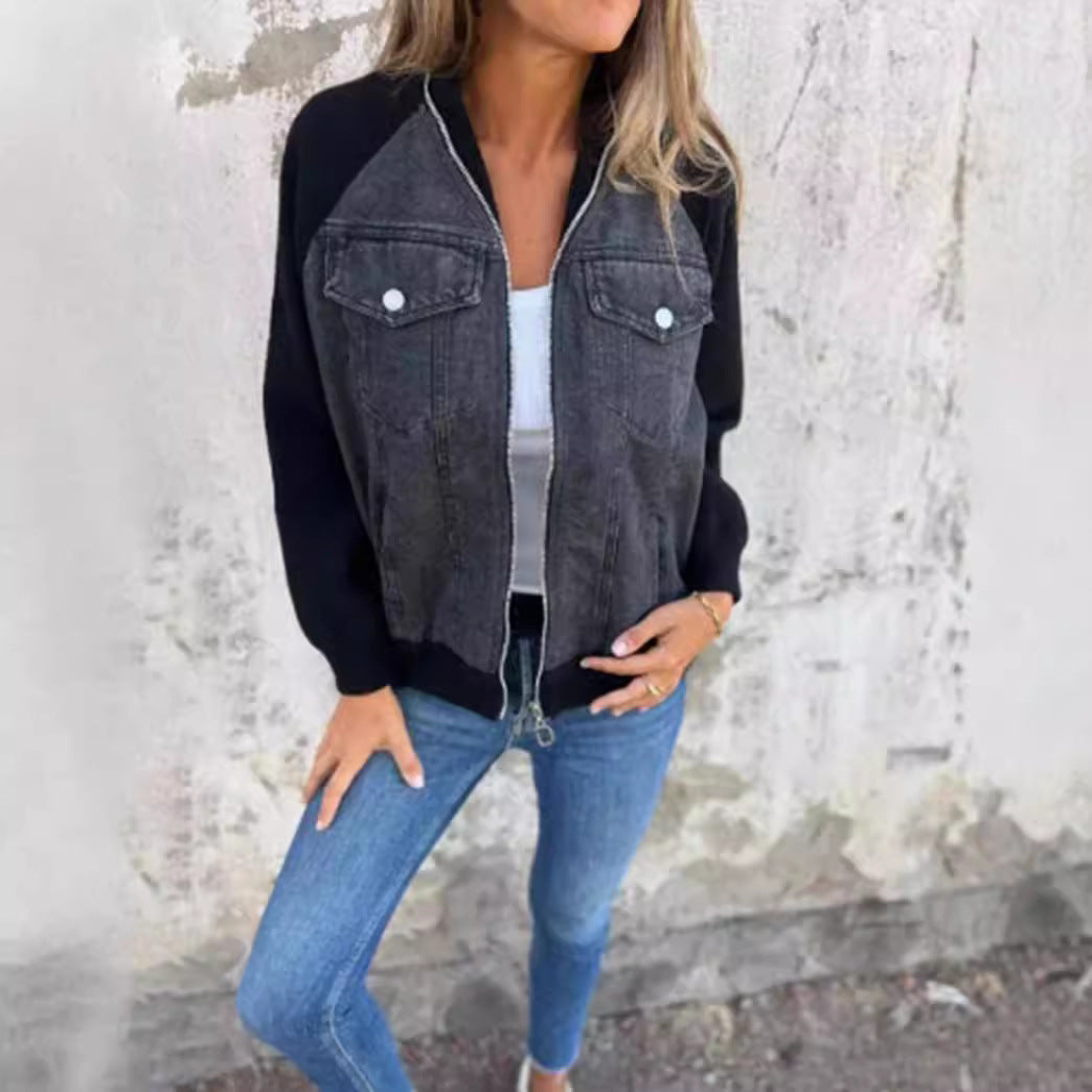 Damen Denim-Jacke mit kontrastfarbenen Ärmeln und praktischen Taschen Drune
