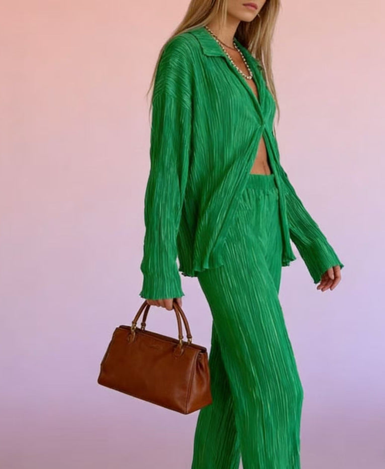 Damen lässiges Zweiteiliges Set mit plissierten Details und weitem Schnitt Drune