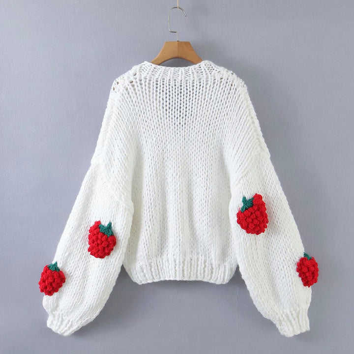 Damen Strickjacke mit Erdbeerapplikationen und Knopfverschluss Drune