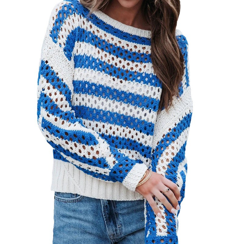 Damen luftiger Strickpullover mit großflächigem Lochmuster und Streifendesign Drune