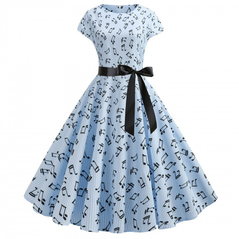 Damen Klassisches Rockabilly Kleid mit Notenprint Drune