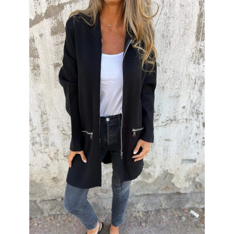 Damen eleganter Jacke mit Reißverschluss und Taschen Drune