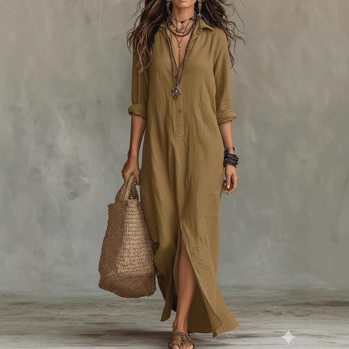 Damen Langes Hemdkleid mit Knopfverschluss und seitlichem Schlitz Drune