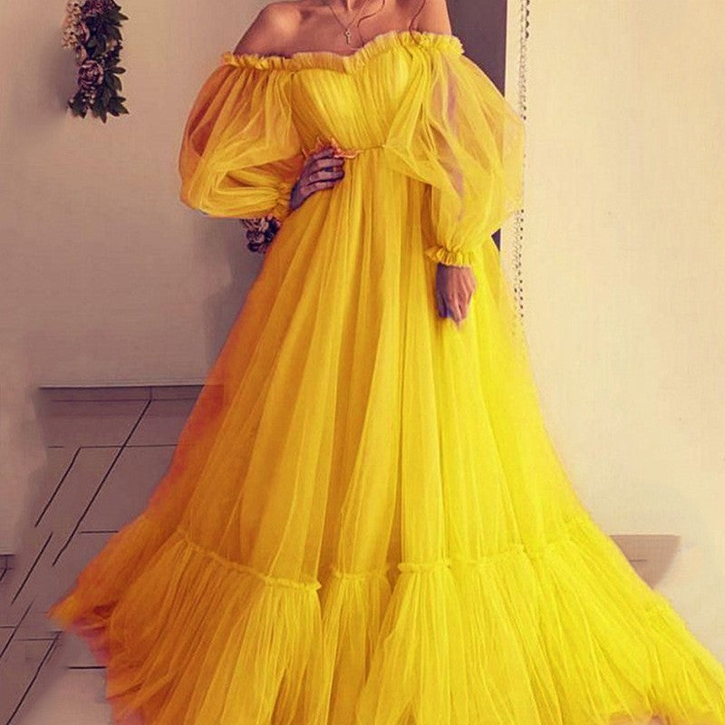 Damen Tüll Abendkleid mit schulterfreiem Design und voluminösen Ärmeln Drune
