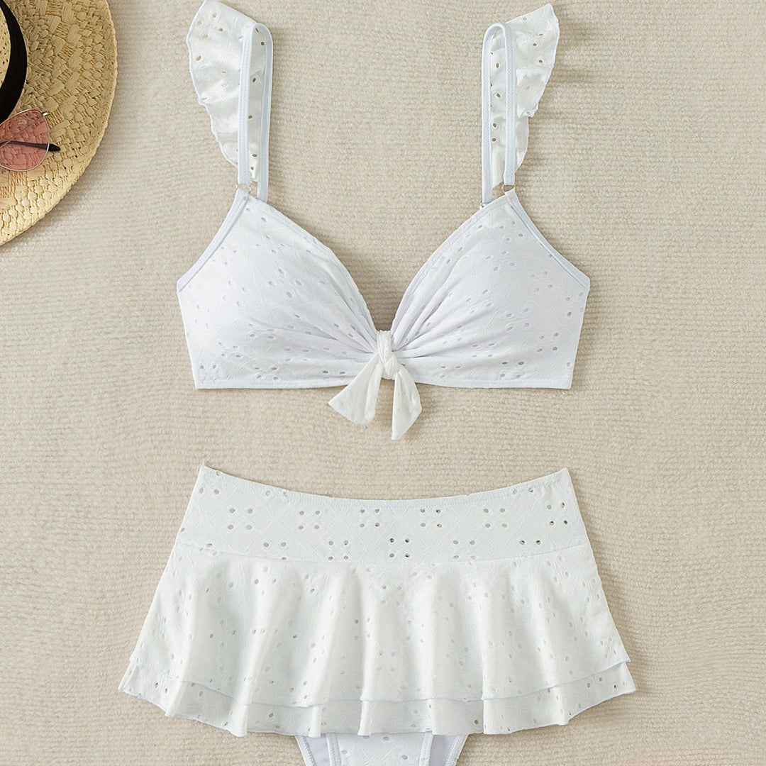 Damen Oberteil-Bikini mit Rüschendetails und knopfverzierter Schleife Drune