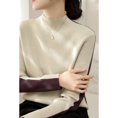 Damen modischer Rollkragenpullover mit strukturiertem Rippdesign und kontrastierenden Ärmeln Drune