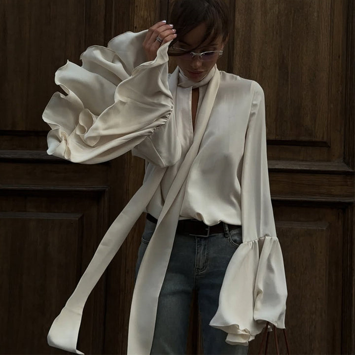 Damen Elegante Bluse mit voluminösen Ärmeln und Bindegürtel Drune