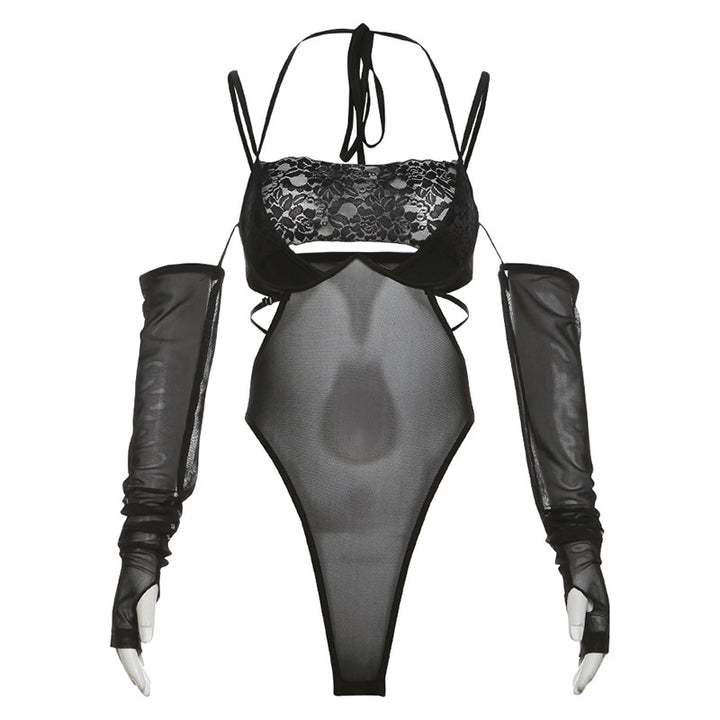 Damen Einteiler Bodysuit mit eleganter Spitzendekoration und transparenter Optik Drune