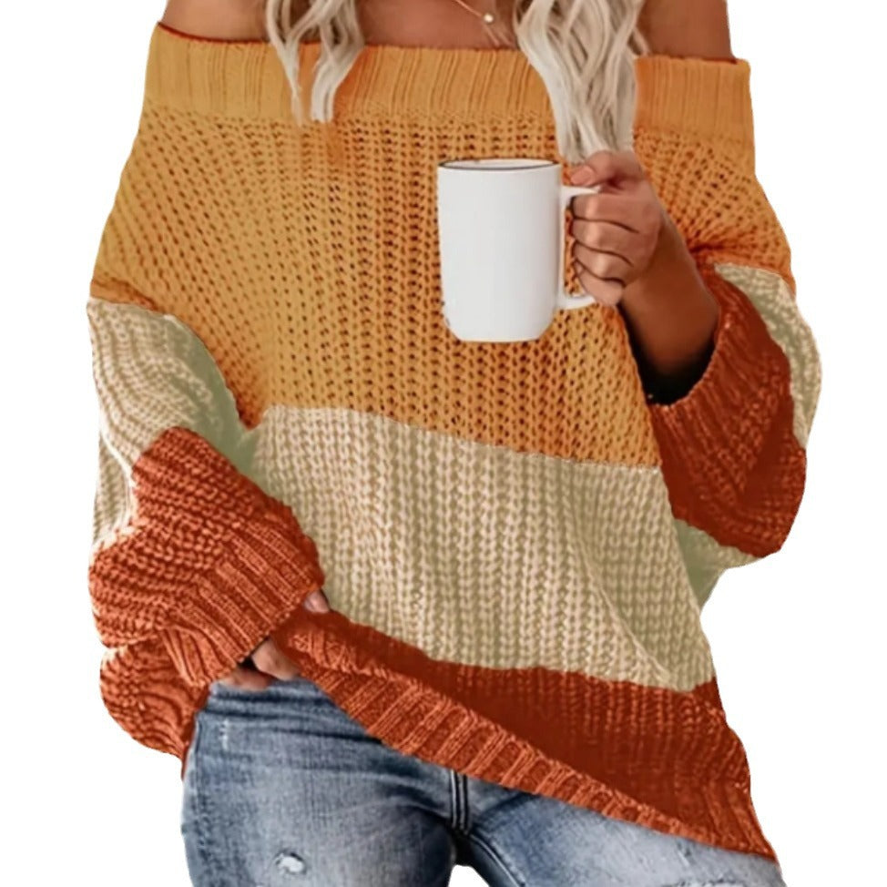 Damen Lässiger Overzise-Strickpullover mit Off-Shoulder-Ausschnitt und angesagtem Farbblockdesign Drune