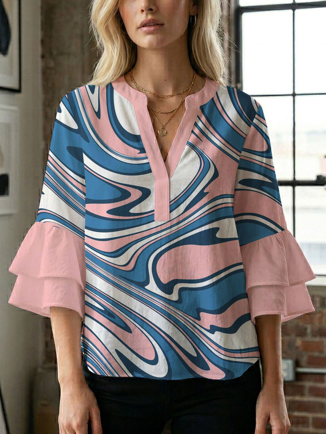 Damen Blusenshirt mit voluminösen Ärmeln und kreativem Druckdesign Drune