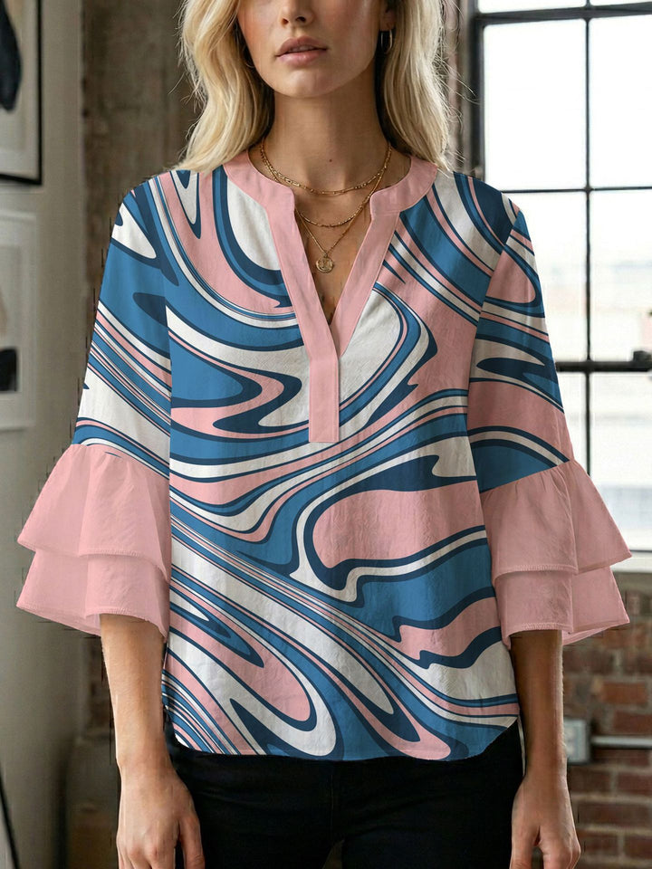 Damen Blusenshirt mit voluminösen Ärmeln und kreativem Druckdesign Drune