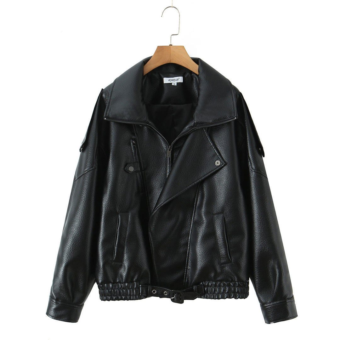 Damen Modische Kunstlederjacke mit erotischem Revers und elastischem Saum Drune