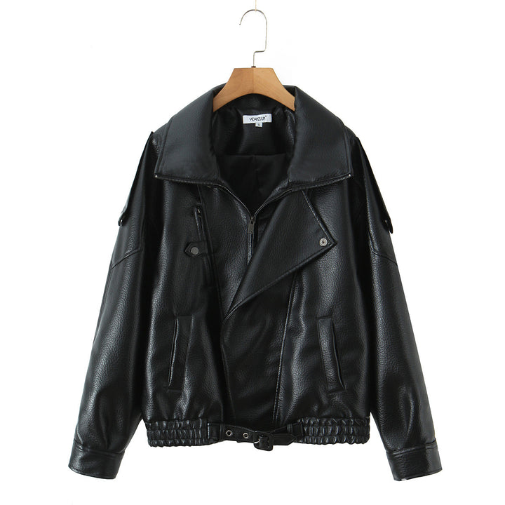 Damen Modische Kunstlederjacke mit erotischem Revers und elastischem Saum Drune