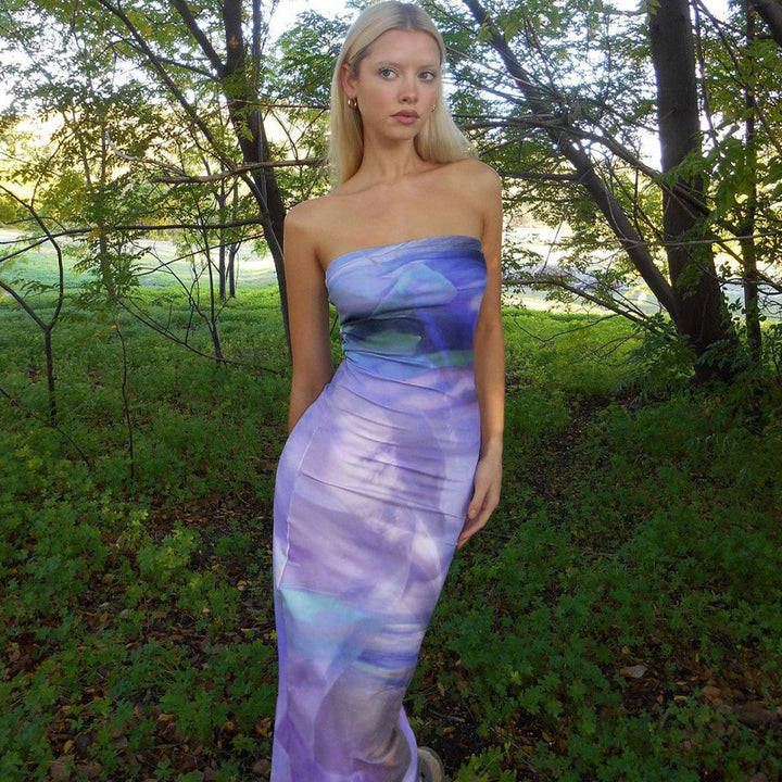 Damen Maxi Kleid mit schulterfreiem Design und fließendem Stoff Drune