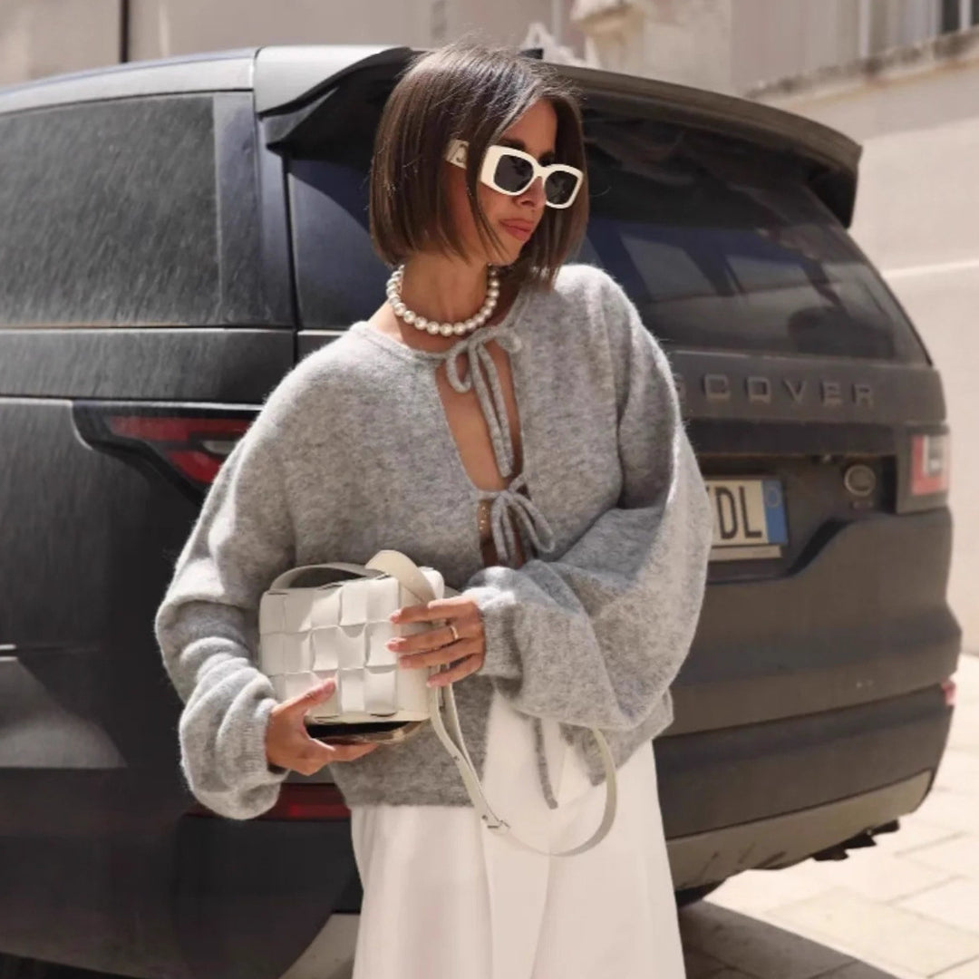 Damen kuschelige Strickjacke mit Bändchen und weit geschnittenen Ärmeln Drune