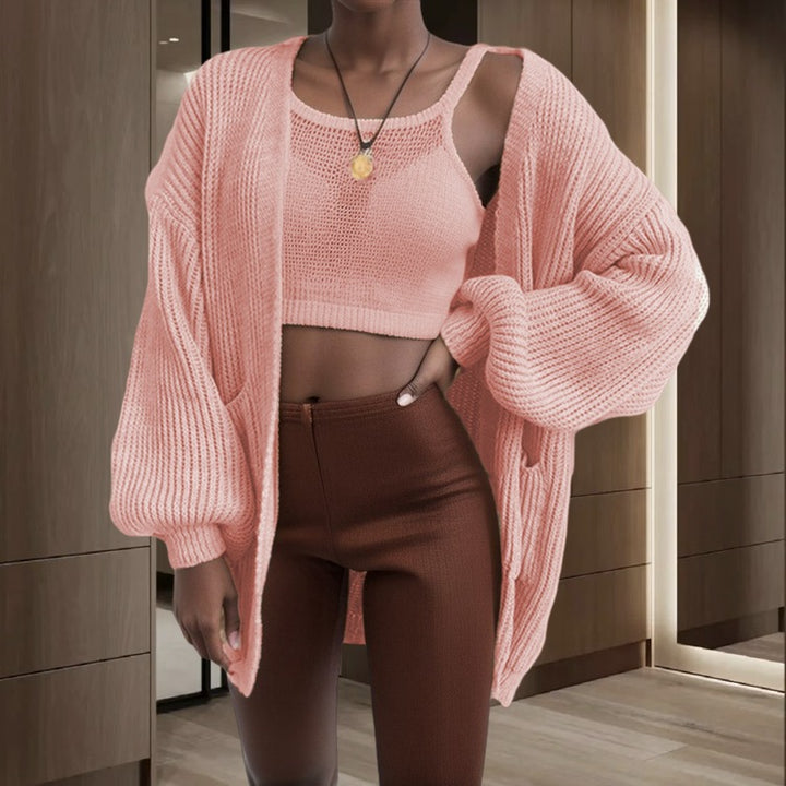 Damen Großer Strickjacke mit voluminösen Ärmeln und praktischen Taschen Drune
