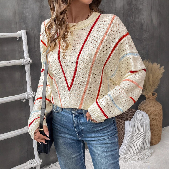 Damen Strickpullover mit modernem Lochmuster und dekorativen Streifen Drune