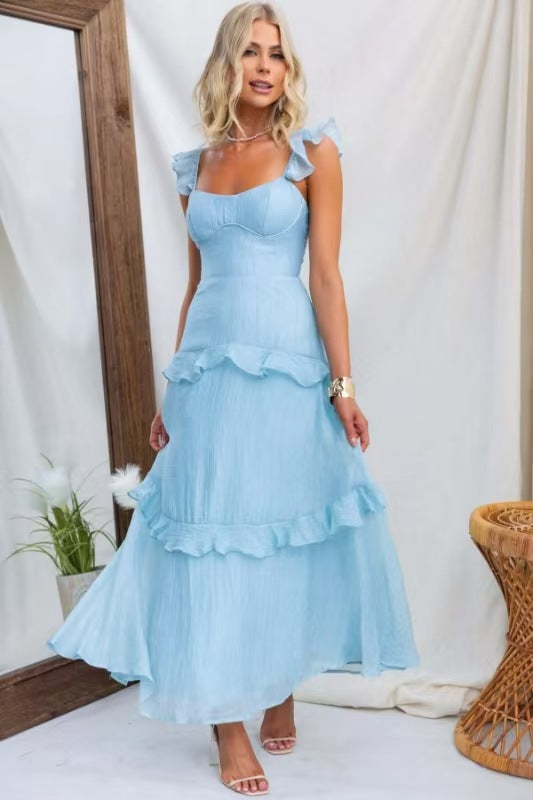 Damen Maxikleid mit Rüschendetails und taillierter Silhouette Drune