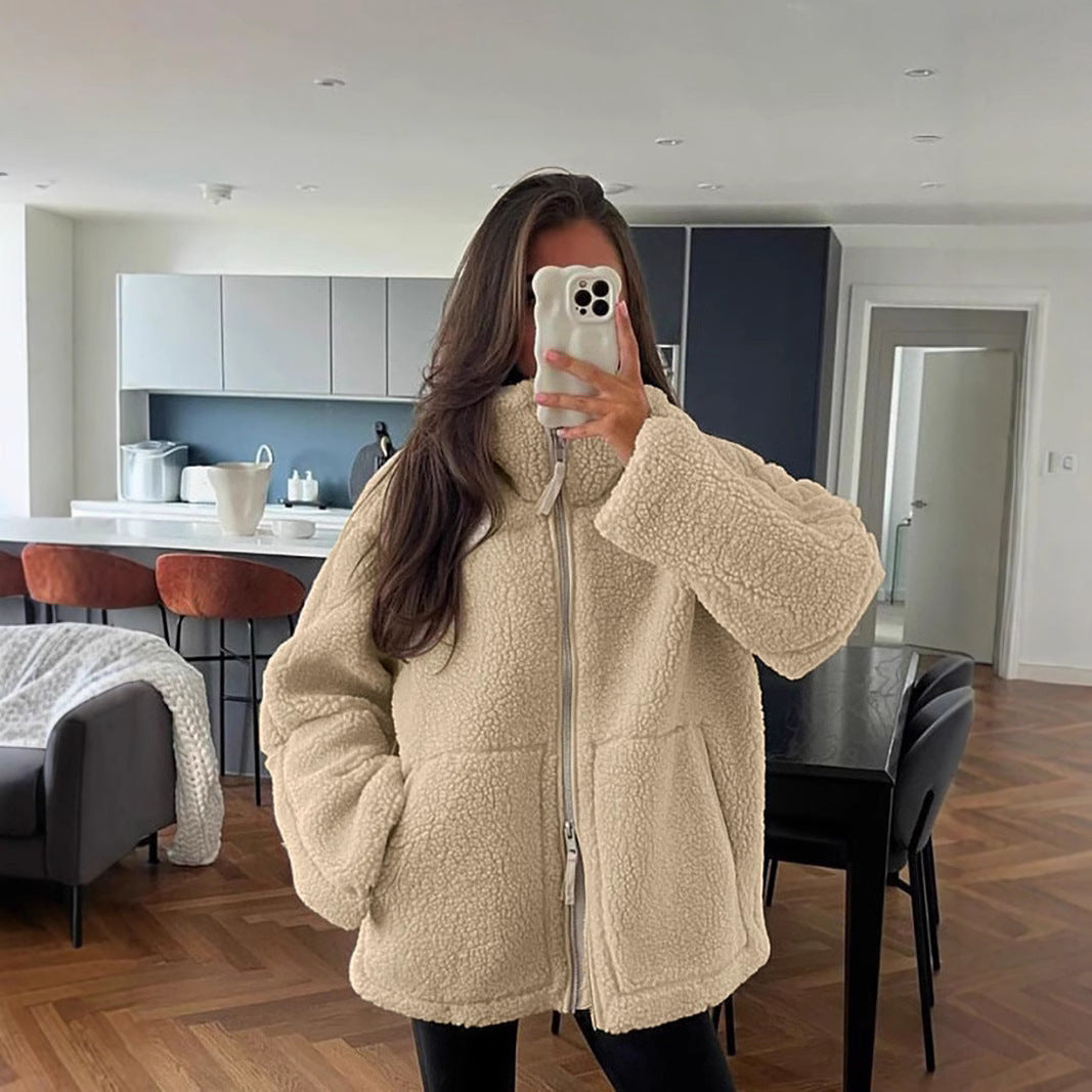 Damen nan oversized Sherpa-Outdoorjacke mit Zweiwege-Reißverschluss, hohem Stehkragen und verdeckten Eingrifftaschen Drune