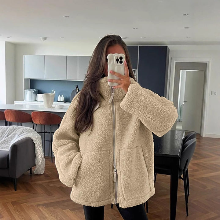 Damen nan oversized Sherpa-Outdoorjacke mit Zweiwege-Reißverschluss, hohem Stehkragen und verdeckten Eingrifftaschen Drune